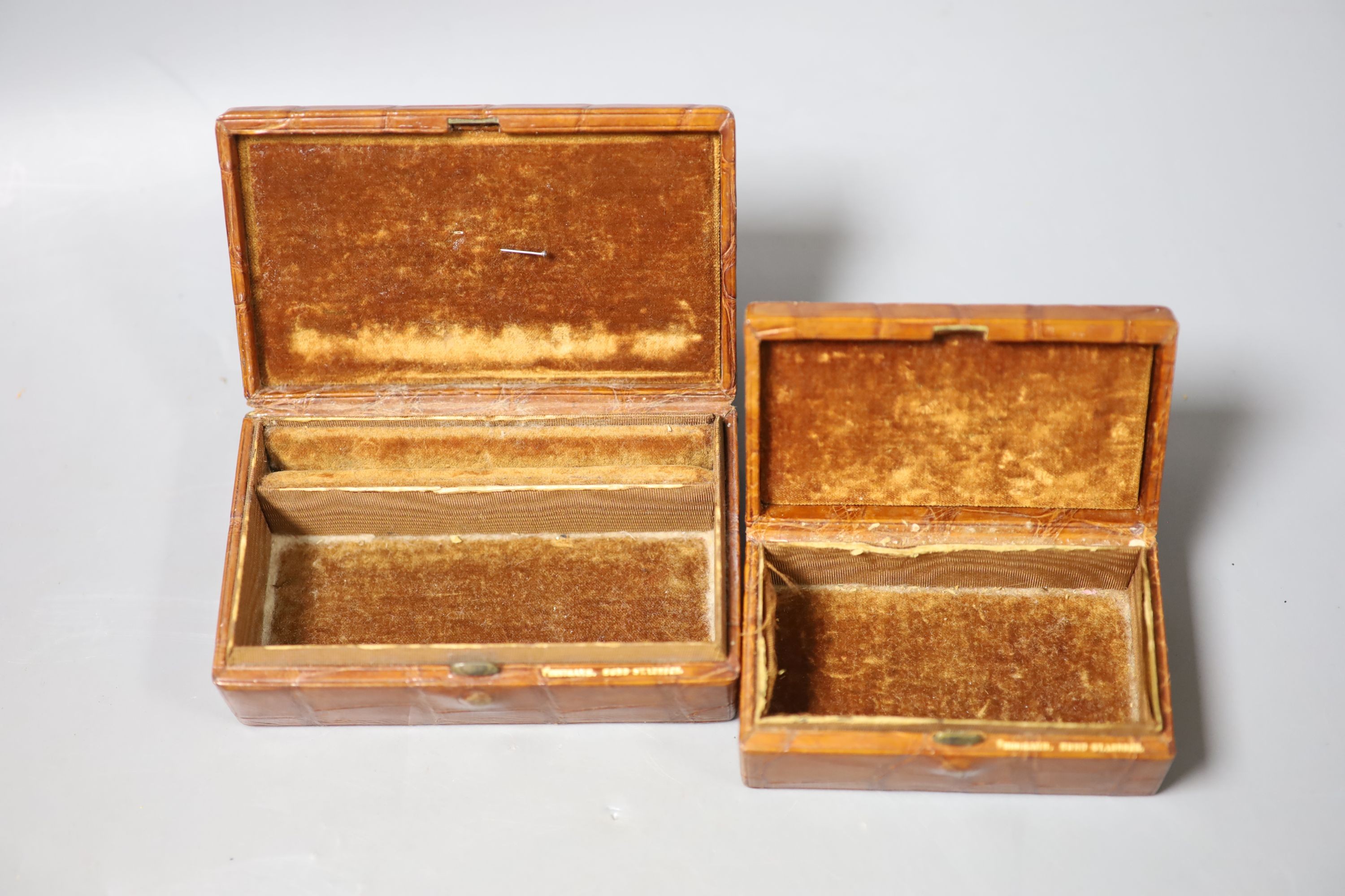 Five assorted boxes including two crocodile skin boxes by Finnigans, early 20th century, largest 13cm